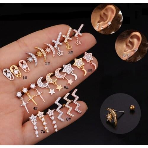 1PCS Star Cross Croen Moon CZ Stud Piercing Moon Star Cartilage Earring Conch Tragus Stud Helix Cartilage Piercing Jewelry