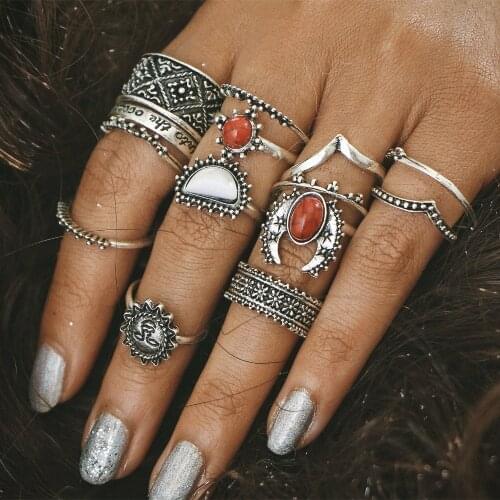 2018 14pcs/set Vintage Boho Midi Finger Rings Set for Women Moon Sun Ethnic Red Natural Stone Knuckle Rings Jewelry Gifts