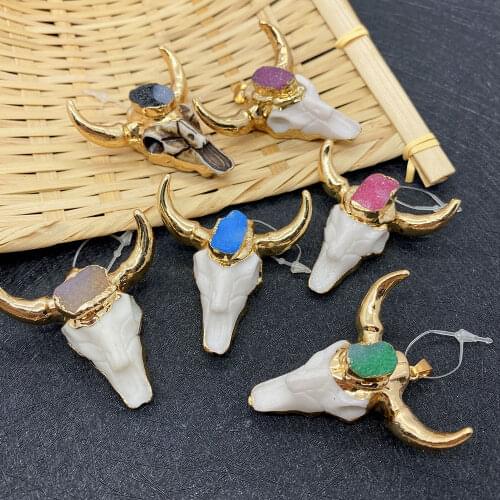 Acrylic Bull Head Retro Pendant Sticker Diamond Inlaid Amethyst Colorful Tribal Necklace Punk DIY Necklace Pendant Jewelry