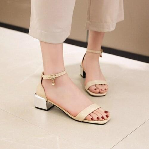 ZawsThia 2020 new chunky square silver middle heels womens sandals open toe patent PU leather white black woman sandals shoes