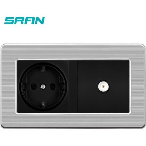 SRAN 16A Russia Spain EU Standard Power Socket Grounded With Female TV Jack stainless steel panel Electric Outlet Plug