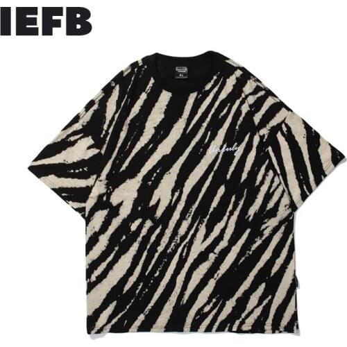 IEFB Mens Zebra Stripe Short Sleeve T-shirt Round Collar Short Sleeve Oversize Streetwear Causal Tee Tops 2021 Summer 9Y7469