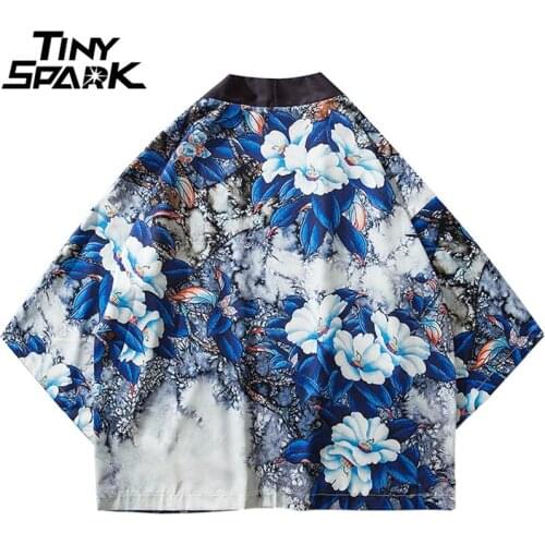 Harajuku Floral Kimono Jacket Japanese Hip Hop Men Streetwear Jacket Blue Leaves Flower Print 2020 Summer Thin Gown Japan Style