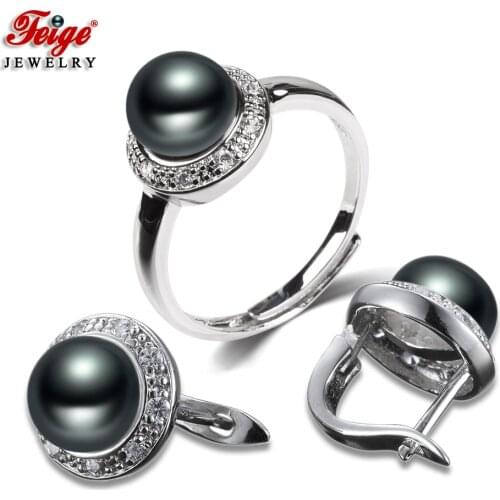 Trendy Black Freshwater Cultured Pearl Hoop Earrings and Ring Jewelry Set for Women Party Gift Fashion Jewelry Wholesale FEIGE