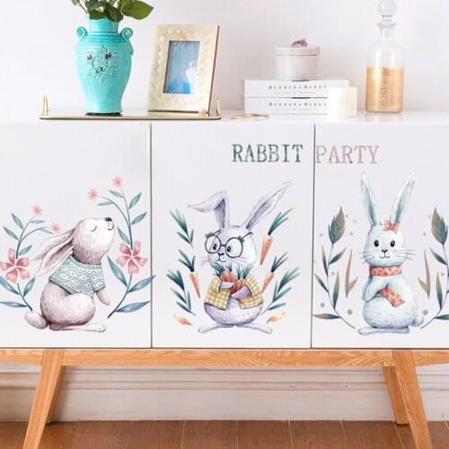 Cartoon Animals Wall Stickers Kids Rooms 3 Cute Rabbits Decorative Wallpaper Living Room Bedroom Self-adhesive Mural