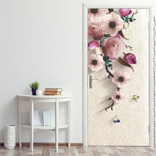 Flower Home Decoration Door Stickers Modern Plants Natural Bedroom Living Room Door Decals Self-Adhesive Two-Pieces Set Wall Art