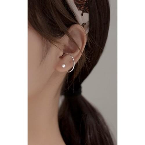 Genuine 925 Sterling Silver Simple Ear Cuff Wrap Earrings Curved Pearl Stud Earrings Pierced Jewelry for Women