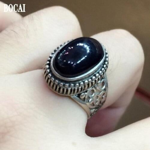 New 100% S925 pure silver inlaid blue sand stone ring for woman engraved exquisite vintage ring 925 silver men and women rings