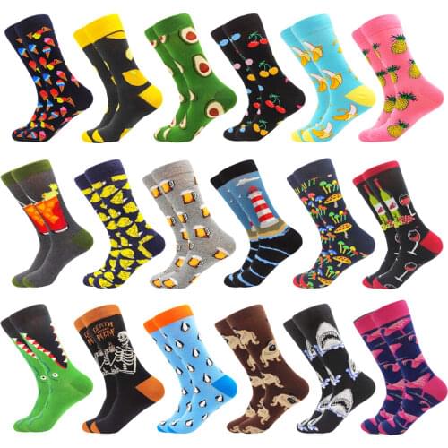 Novelty Fashion Cartoon Cotton Mens Socks Hip Hop Harajuku Kawaii Pink Fruit Animal Print Beer Funny Casual Socks Gifts for Men