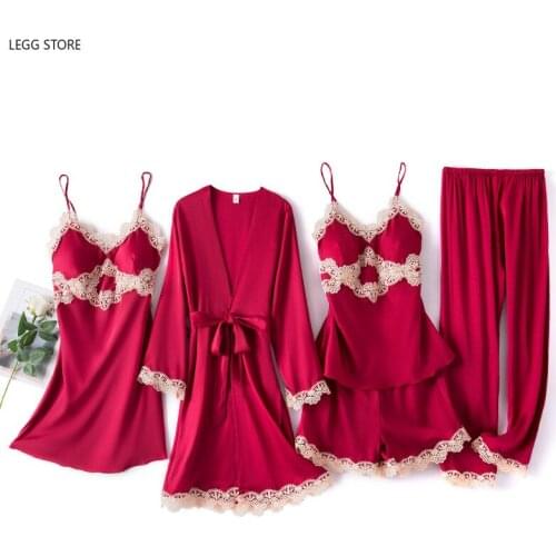 Female 5PCS Pajamas Set Sleepwear Satin Pyjamamas Lace Bridal Wedding Gift Nightwear Silky Homewear Nighty&Robe Suit