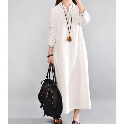 Vintage Dress Women Shirt Dress Plus size Cotton Linen High quality Long Dresses 3/4 Sleeve White V neck Ladies Casual