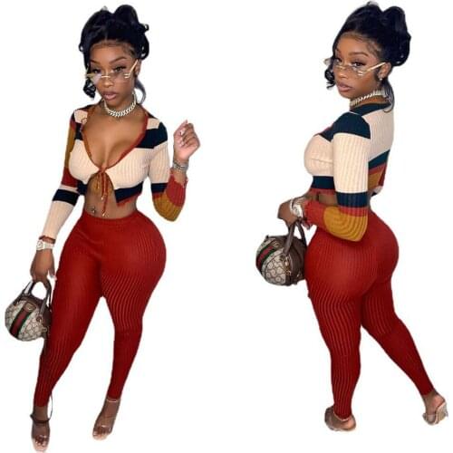 RStylish 2021 Fall Striped Patchwork Long sleeve Criss-Cross Lace Up Crop Top Pencil Pant Streetwear 2 Piece Set