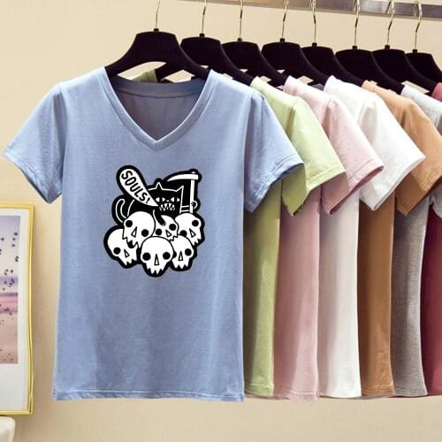 2020 Summer T Shirt Women 100% Cotton V Neck Short Sleeves Tee Shirt Top Skull Cat Cartoon Tshirt Ladies Camiseta Feminina