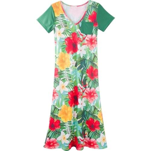 Neatie kiddie Women Short Sleeve Floral Pocket V-neck Nightgown Sleepwear Dresses Ladies Straight Loose Casual Home Clothes