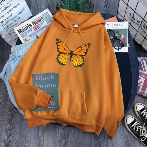 Yellow Beautiful Dead Leaf Butterfly Prints Women Sweatshirt Thick Winter Hoodie Loose Vintage Top Coldproof Vogue Womens Hooded
