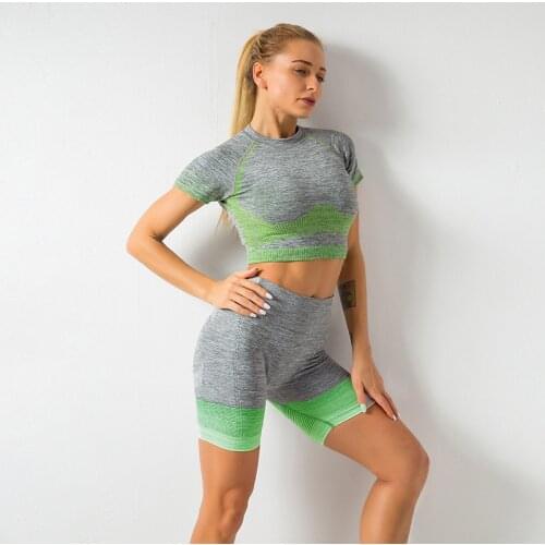 2 Piece Set Women Vital Seamless Yoga Set Fitness Short Sleeve Crop Top Shirts + Running Shorts Workout Clothes Women Gym Set