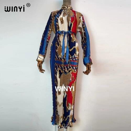 2021 WINYI Walked Dress Woman Multicolor Print High Waist Pleated Elegant Full Sleeve Floor Long Bohemian Style 2021 New Summer