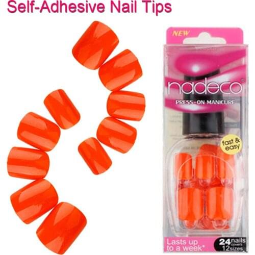 12Sets Full Cover Orange Red Self-Adhesive Fake Nail Polish Tips Pure Color Glued False Nails Colored French Manicure Tip RCP-20