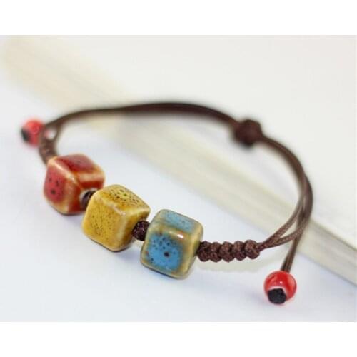 12 Pieces/Lot Heart Women Men Colorful Bracelets Ceramic Round Beads Square Bangle Weave Rope Chain Retro Bohemia Jewelry Anklet