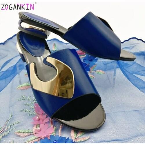 2019 Mature Style Nigerian Women Shoes African Leisure Slipper in Royal Blue Color With Matals Italian Women Retro Shoes