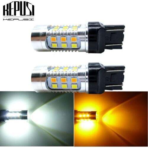 2x 7443 W21/5W T20 Dual Color Type White Amber Yellow Switchback LED 2835 smd LED DRL Turn Signal Parking Light Bulbs 12V 24V