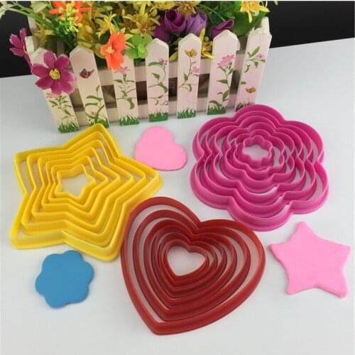 6Pcs Fondant Cake Mold Embosser Geometric Heart Star Flower Cookie Cutter Biscuit Stamp Plunger Embossing Cake Decorating Tools