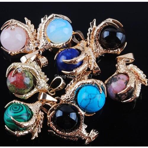 Free shipping Mixed Colors 9PCS Gem Stones Round Ball Dragon Claw Crystal Reiki Chakra Pendant Bead Jewelry TC2041