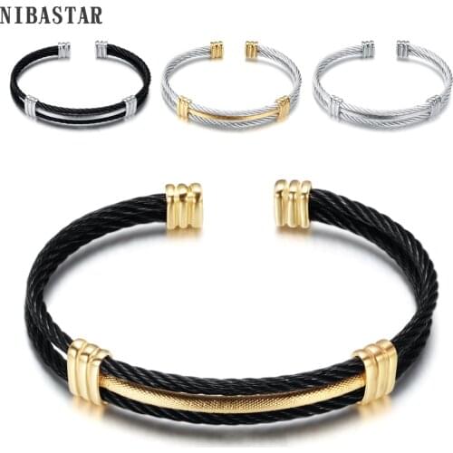 FASHION Womens Popular Jewelry Three Layer Wire Rope Bracelet Golden Stainless Steel Punk Bangles