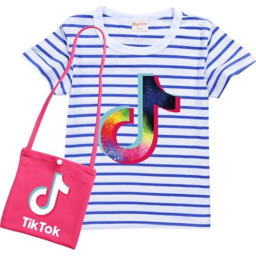 TIK TOK Summer Stripe Cotton T Shirt for Kids Girls Cartoon Print Short Sleeve Tops Tees +Bag Baby Children Fashion Clothes
