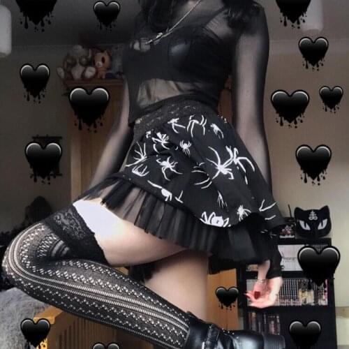 Diablo Maiden Wind Mesh Spider Printing Over skirt Harajuku Skirt Spring and Summer New Personality Skirt Gothic Skirt