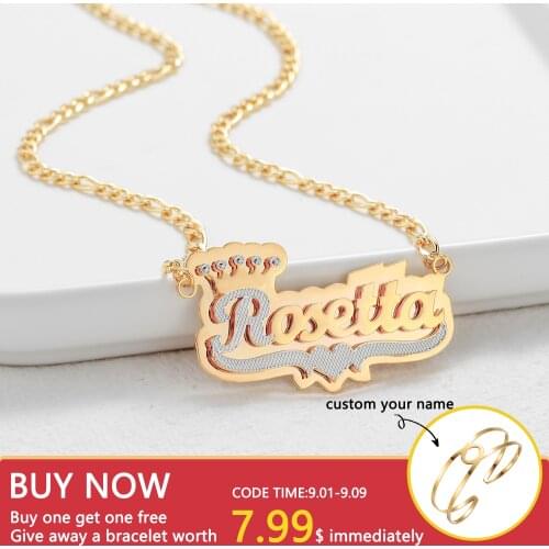 Double Layer Two Tone With Heart Personalized 3D Gold Plated Name Necklace Custom Crown Name Necklaces For Women Jewelry Gifts