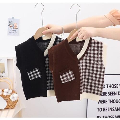 Colorblock Plaid Sweater Tank Boy Girl Toddler Kid Baby Spring Autumn Sweater V Neck Knit Top Fall Fashion Vest Knitwear Clothes