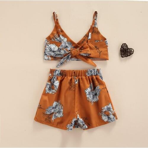 2pcs Outfit Set Summer Clothing Girls Floral Print Clothes Set Sleeveless V-neck Lace-up Cropped Tops + Short Pants 1-6T
