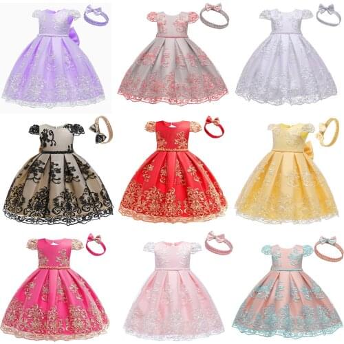 Lioraitiin 9 Colors Toddler Baby Girls Princess Dress Cute Ruffles Sleeve Floral Embroidery Lace Party Dress Headband 2Pcs Set