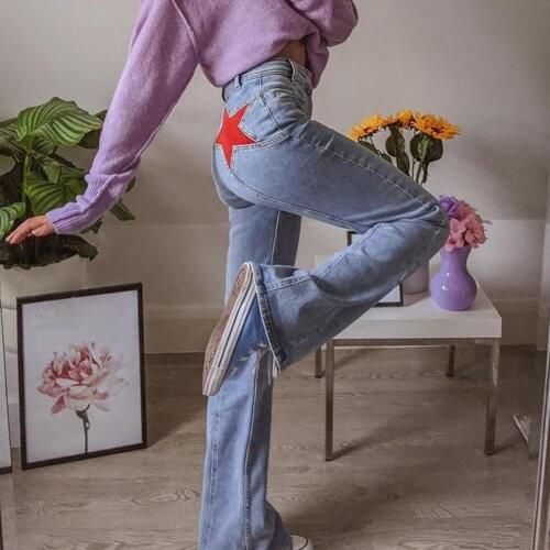 Jeans Mid-waisted Five-pointed Star Vintage Contrast Color Cargo Pants for Dating