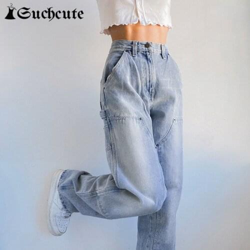 SUCHCUTE Korean Fashion Women Straight Pants Harajuku Casual Hight Waist Vintgae Denim Trousers Streetwear Aesthetic Mom Jeans