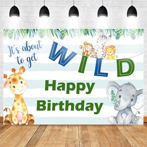 Neoback Wild Animal Birthday Photo Background Elephant Deer Birthday Party Banner Backdrop Stripes Photo Studio Supplies Props