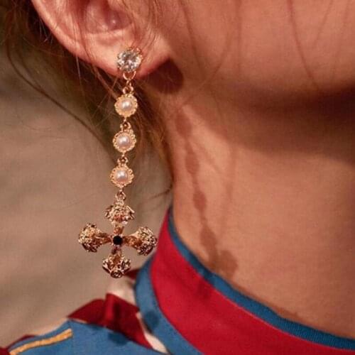 Fashion Women Set Crystal Drop Earrings With Pearl Cross Shape Gold Earrings Girl Party Accessories Jewelry 2018 New
