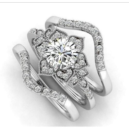 Fashion Three-piece Black Zircon Flower Ring Simple Simple Creative Banquet Flower Rings Set for Women