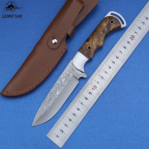 LEMIFSHE Damascus Steel Knife Shadow Wood Handle Outdoor Hunting Camping Survival Pocket Kitchen Fruit Knife Practical edc Tool