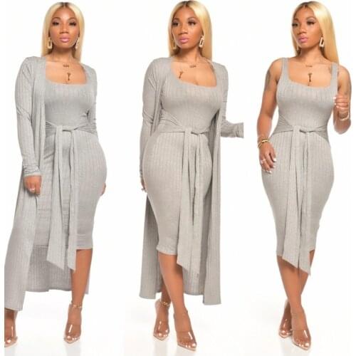 Solid Bodycon Sundress Fashion Long Cape High Waist Tank Dress Two Piece Set Autumn Spring Office Ladies Vintage Dresses Sets