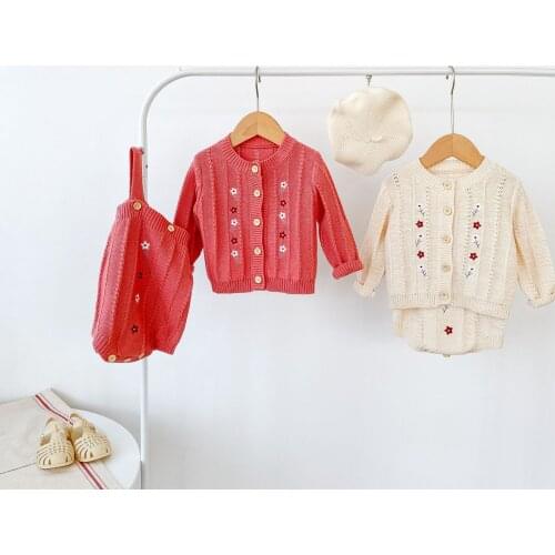 2021 Autumn New Baby Girl Knit Sweater Flower Embroidery Infant Cardigan For Girls Toddler Cotton Bodysuit Baby Knitted Clothing