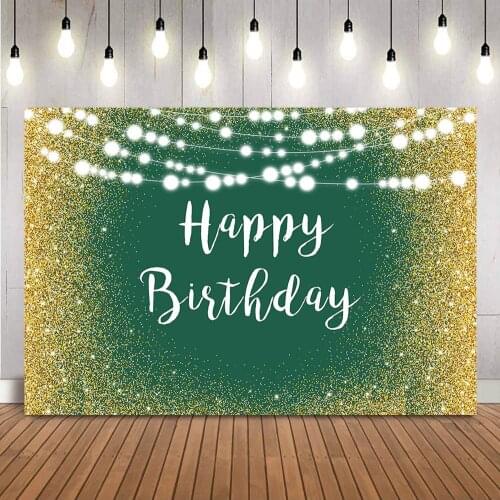 Green Background Gold Glitter Birthday Backdrop Adult Theme Birthday Party Decoration Banner Photocall Shiny Lights
