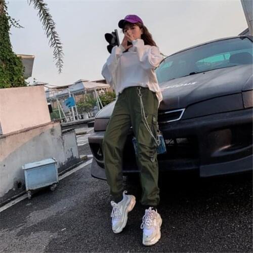 Women Cargo Buckle Ribbon Pocket Jogger Elastic Waist High Streetwear Harajuku Pant Punk Ring Chain Plus Size