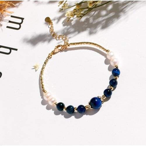 Rose Red/Blue Tigers Eye Stone Natural Freshwater Pearls Beaded Bracelets for Women Female Lobster Clasp Fashion Jewelry YBR564