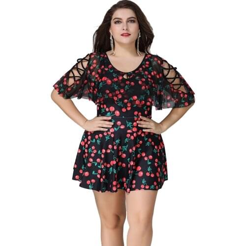 Plus Size Women One Piece Swimsuit Cherry Chiffon Swimwear Bikini Dress Backless Tankini Suit Skirt Transparent Bathing Suit