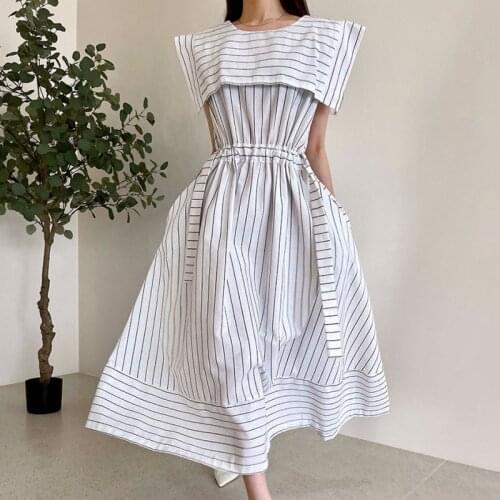 Sannian Women Dress Summer New French Striped Shawl Lapel High Waist Ruffled Lace-up Swing Type Long Dresses Ladies Clothes