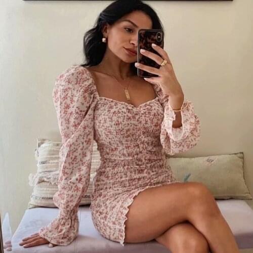 Bodycon Ruched long seleeve Dress Women Floral Print Short Dress Elegant Bandage Boho Dress 2020 Elastic Dress autumn winter