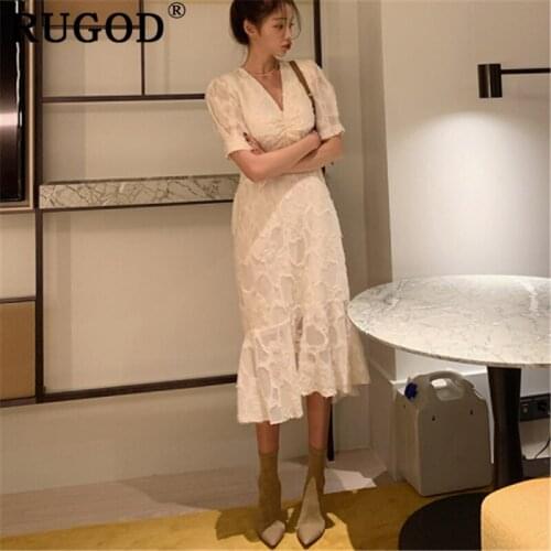 RUGOD Korean ins puff sleeve women dress Fashion V neck short sleeve spring summer party dresses Elegant ruffles long dresses