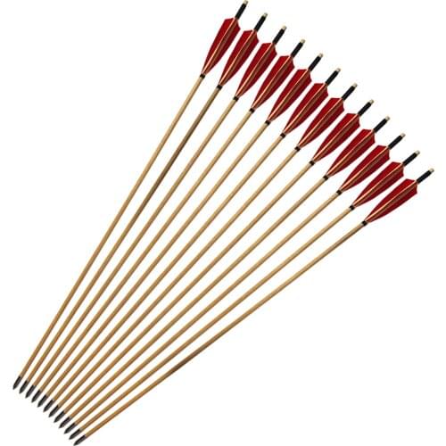 12pcs New Wooden Arrows 33inch with Red Shield Turkey Feather for 20-70lbs Recurve Bow